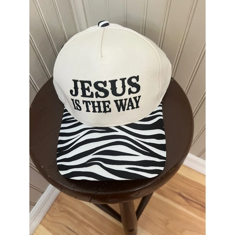 Jesus Is The Way Snapback Hat Zebra Print Brim Cream Christian Trucker Cap NEW